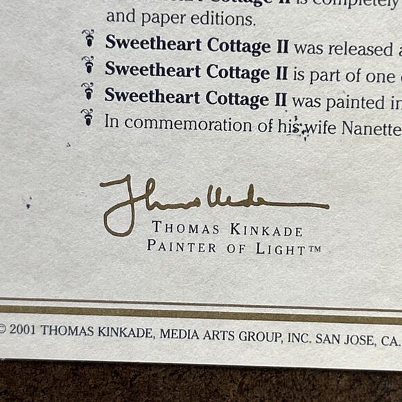 Vtg Thomas Kinkade Sweetheart Cottage 2 Framed Canvas Classics Collection W/ COA - Picture 13 of 15